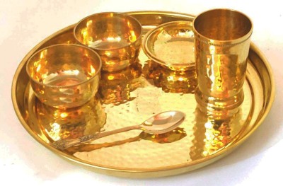 Namo International Pack of 5 Brass Brass Dinner Set Hammered Thali, 12 inch, 6 Pieces Dinner Set(Gold, Microwave Safe)