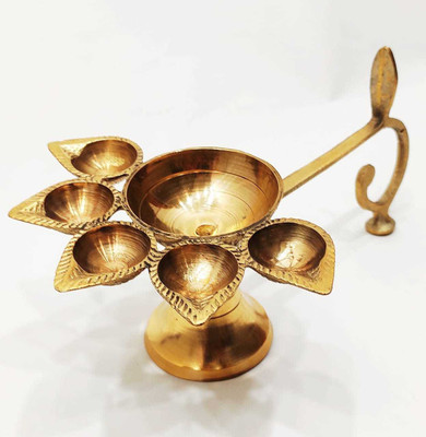 Creative Hub Indian Traditional Pure Brass Panch Deepak Aarti Oil Lamp for Pooja Mandir/Handmade Decorative Camphor Burner/Designer Hindu Puja Five Face Jyot Diya Stand Brass Table Diya(Height: 21 inch)