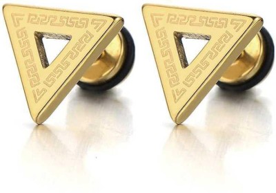 HOUSEOFTRENDZZ Stainless Steel Mens Triangle Stud Earrings with Greek Key Pattern Screw Back 2pcs Stainless Steel Stud Earring (PACK OF 1 PAIR) GOLD Metal Stud Earring