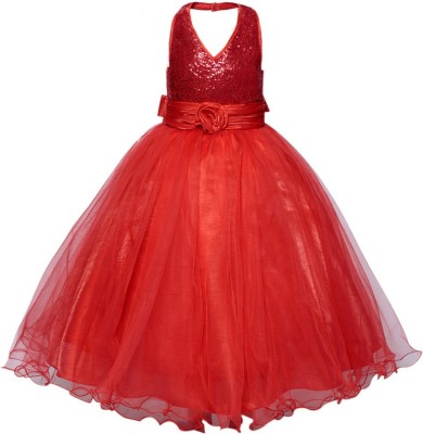 Saba Garments Girls Maxi/Full Length Party Dress(Red, Sleeveless)