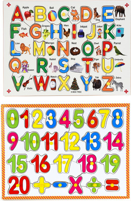 Ashmi Wooden Combo Colorful ABC Alphabet With Picture and Number 1 to 20 with Mathematical Signs Along with Knobs Tray Jigsaw Puzzle - Perfect pegged for Learning Kid Size 9 X 12 Inch Ages 2+(52 Pieces)