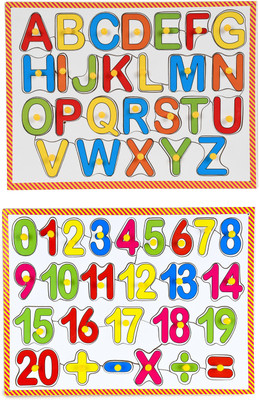 DgCrayons Wooden Combo Colorful ABC Alphabet Capital Letter Inside Cursive Lower Case and Number 1 to 20 with Mathematical Signs Along with Knobs Tray Puzzle - Perfect pegged for Learning & Educational Kid Boys Girls child Ages 2+ Size 9 X 12 Inch(Multicolor)