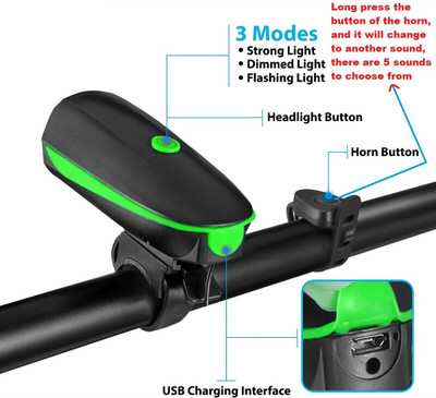 THE MORNING PLAY Rechargeable Cycle Super Bright Light and Horn Bell 140DB Sound LED Front Light(MULTY-COLOR)