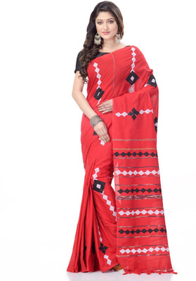 TANTLOOM Applique Handloom Handloom Pure Cotton Saree(Red)