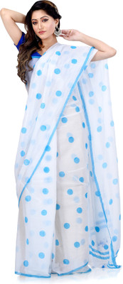 TANTLOOM Polka Print Handloom Cotton Blend Saree(White, Blue)