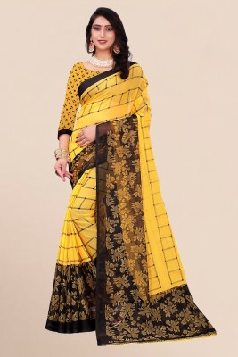 RUNAYA NX Floral Print, Checkered Bollywood Georgette Saree(Yellow)