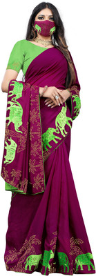 pUNYATHA CREATION Embellished Kasavu Art Silk Saree(Maroon)