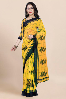 Vimalnath Synthetics Checkered Bollywood Georgette Saree(Yellow)