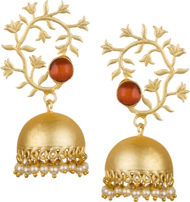 piah fashion Piah Fashion Matt Gold Plated Exquisite Leaf Design Orange Pearl Brass Jhumkhi For Women & Girls Brass Drops & Danglers