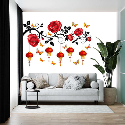 BRITISH TERMINAL 91.44 cm Red Roses and Lanterns and Lamps in Attractive Bright Red Shades with Butterflies Flying Around Self Adhesive Decorative Wall Sticker || (60cm X 90cm) btcut5365-3 Self Adhesive Sticker(Pack of 1)