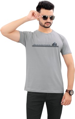 Vraj Fashion Printed Men Round Neck Grey T-Shirt