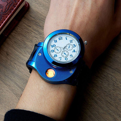 Exquisite ™ Huayue Silver Metal Body and Black Strap USB Electronic Cigarette Lighter Wrist Watch 2 In 1 Wrist Watch_Blue Cigarette Lighter Blue_Watch Cigarette Lighter(Blue)
