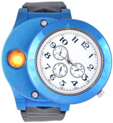 FITUP ™ Latest Full Stylish Quartz Movement Watch Comes In Beautiful Gifting Box- Perfect Gift For Cigarette Lovers Heavy Weight And Metal Body Men Wrist Watch Analog Display And Durable Rubber Strap Cum Rechargeable Flameless ( Color Blue ) Cigarette Lighter(Blue Black)