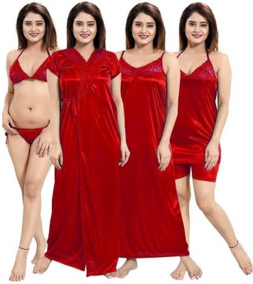 VastavaFashion Women Nighty with Robe(Red)