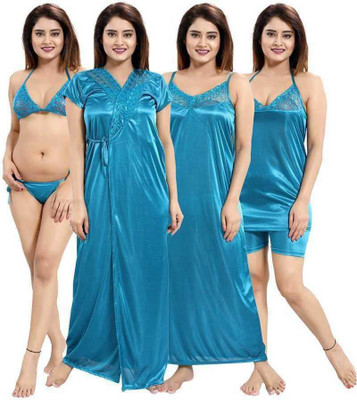 VastavaFashion Women Nighty with Robe(Light Blue)