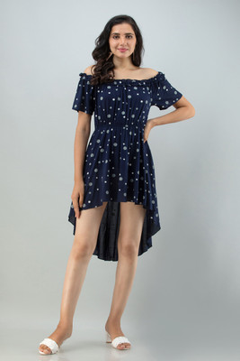 FLAMBOYANT Women High Low Dark Blue Above Knee/Mid Thigh Length Dress