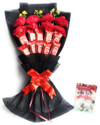 FluteRey 10 KITKAT 8 RED ARTIFICIAL ROSE CHOCOLATE BOUQUET WITH ON YOUR BIRTHDAY CARD Paper Gift Box(Black)