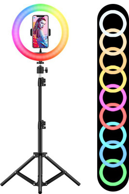 Wrapo 10Inch RGB Colors Ring Light Tripod 3 Mode Light 10 Level Brightness Adjust 360 Rotation Mobile Holder Clip 26 Color Change Light for Insta Reels Mx Takatak YouTube Vlog Makeup Photography Ring Flash(Multicolor)