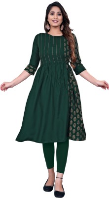 atochi Women Printed Flared Kurta(Dark Green, Beige)