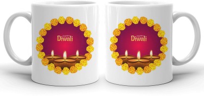 waohhARTZ Happy Diwali Gift For Family Friends, Deepavali Gift, Diwali Gift Options - Ceramic Coffees - 11Oz - White - 2 Pcs Ceramic Coffee Mug(330 ml, Pack of 2)