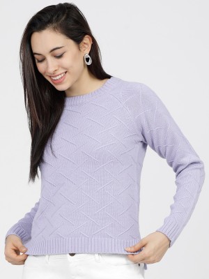 Tokyo Talkies Self Design Round Neck Casual Women Purple Sweater