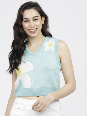 Tokyo Talkies Floral Print V Neck Casual Women Blue Sweater