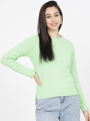 Tokyo Talkies Self Design Round Neck Casual Women Light Green Sweater