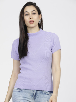 Tokyo Talkies Striped High Neck Casual Women Purple Sweater