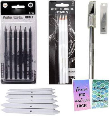 Sabahz Trading WOODLESS GRAPHITE STICKS SET OF 6 ,WHITE CHARCOAL PENCIL SET OF 3 , BLENDING PAPER STUMP, DETAIL KNIFE COMBO SKETCHING KIT FOR ARTISTS