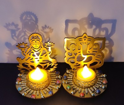 SAU RANG Shadow Laxmiji Ganeshji Set 1Pair MDF Wooden 2 - Cup Tealight Holder Set(Gold, Pack of 1)