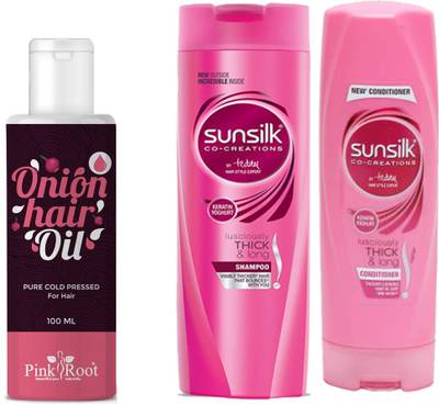PINKROOT Onion Hair Oil 100ml,Sunsilk Thick N Long Shampoo 180ml And Conditioner 180ml