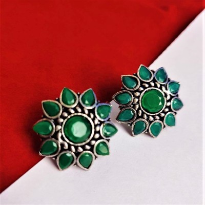 Yash Jewels Emporium Silver-Plated Oxidised Green Stone Flower Stud Earrings For Women Brass Stud Earring