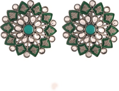 I Jewels Silver Oxidized Kundan Studded Meena Work Designer Circular Stud Earrings Alloy Stud Earring