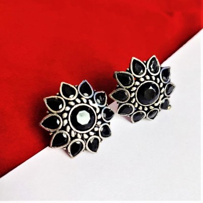 Yash Jewels Emporium Silver-Plated Oxidised Black Stone Flower Stud Earrings For Women Brass Stud Earring