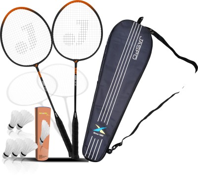 Jaspo GET Set Steel Badminton Racket Combo Set, Lightweight Badminton Racquet (1 Pair) with 5 pc Feather shuttlecocks and 1 Carrying Bag for Outdoor Games Suitable for Beginners Badminton Kit