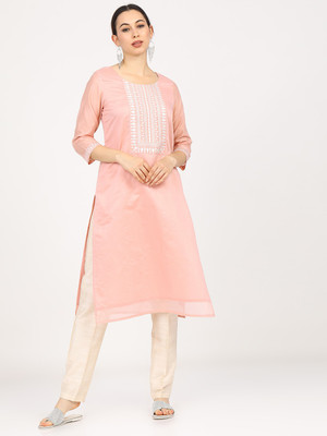 Vishudh Women Printed Straight Kurta(Orange)