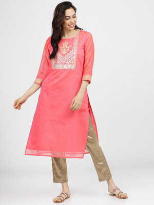 Vishudh Women Printed Straight Kurta(Pink)