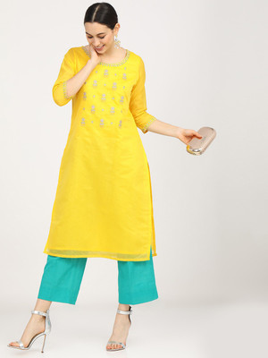 Vishudh Women Printed Straight Kurta(Yellow)