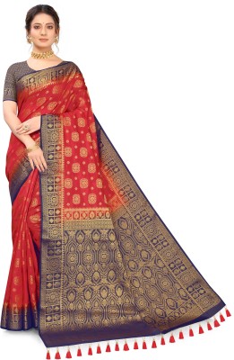 COSBILA FASHION Woven Banarasi Cotton Silk Saree(Red, Blue)