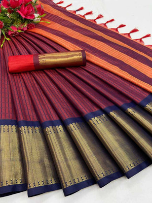 Dhami Self Design Daily Wear Pure Silk, Cotton Silk Saree(Red, Blue)