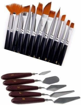 Sabahz Trading Combo Pack 12pc Artist Quality Essential Mix Brush Set for Acrylic Painting with 5 Pcs Stainless Steel Artists Palette Knife Knives Set Thin and Flexible for Oil Painting