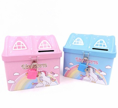 HornFlow Unicorn Printed Hut Shape Metal Coin Bank Piggy Bank for Kids with Lock and Key (Pack Of 2) Coin Bank(Multicolor)