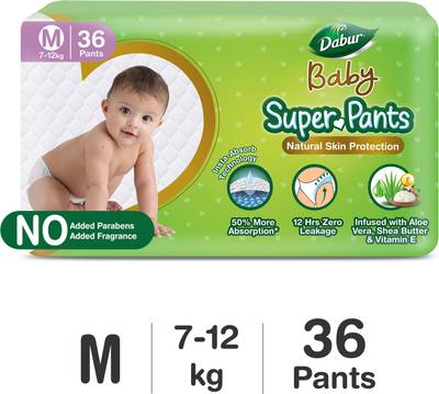 Dabur Baby Super Pants | Diaper Infused with Aloe Vera, Shea Butter &amp; Vitamin E | Insta-Absorb Technology - M  (36 Pieces)