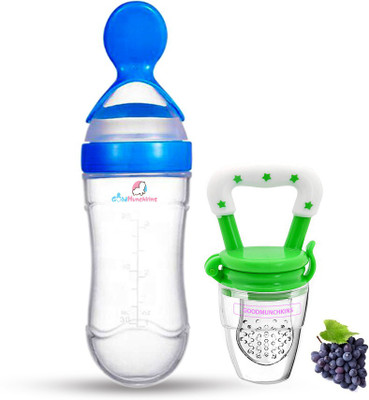 Goodmunchkins Silicon Food Feeder - Silicon Fruit Feeding Nipple for Baby Food Grade Silicon Container and Nipple BPA Free Combo Pack of 2  - Silicon Food Container & Nipple, Food Grade Plastic Caps(Blue, Green)