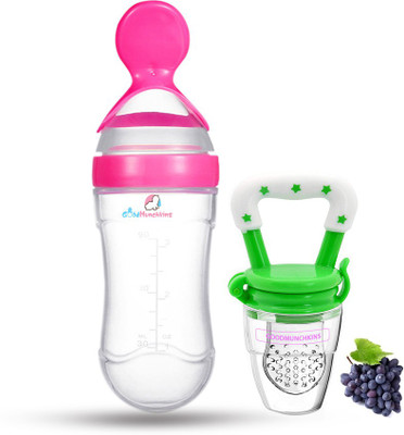 Goodmunchkins Silicon Food Feeder - Silicon Fruit Feeding Nipple for Baby Food Grade Silicon Container and Nipple BPA Free Combo Pack of 2  - Silicon Food Container & Nipple, Food Grade Plastic Caps(Pink & Green)