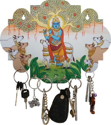 VOMI Lord Krishna Designer Wooden Key Holder with 7 Hooks Brown pack of 1 Wood Key Holder(7 Hooks)