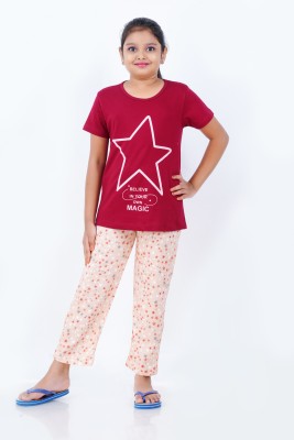 Sevnix Girls Casual T-shirt Pyjama(Maroon)