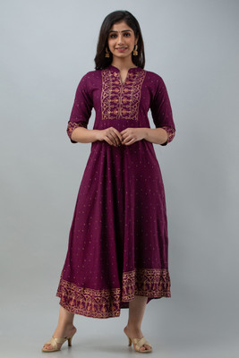 Wear Zilla Women Embroidered Flared Kurta(Purple)
