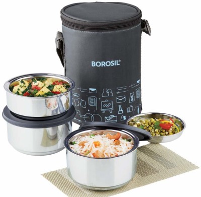 BOROSIL Carry Fresh Stainless Steel Insulated Lunch Box Set of 3, (2pcs 280 ml + 1pcs 180 ml), Black 3 Containers Lunch Box(280 ml)