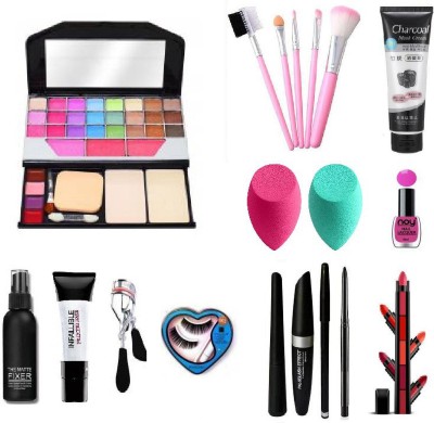 Pro Tya Fashion Makeup Kit For Beautifull Girls + Hello Kitty Makeup Brush Set Of 5 + Carcol Face mask + TG nail Paint + Face Primer + Makeup Fixer + Eyelshesh Curler + Eyeleshes With Glue + Eyeliner + Maskara + Eyebrow Pencil + kazal + Fab 5 Multicolor 5 Shades Red Lipstic